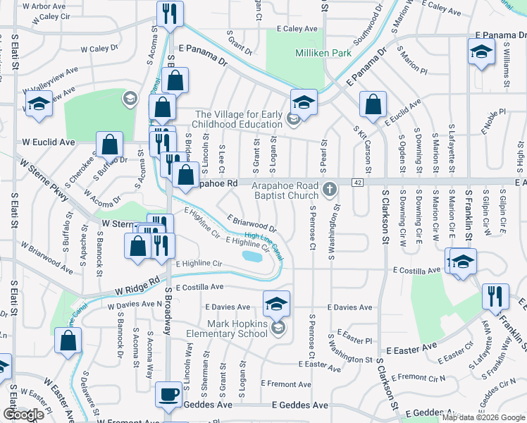 map of restaurants, bars, coffee shops, grocery stores, and more near 6775 South Logan Street in Centennial