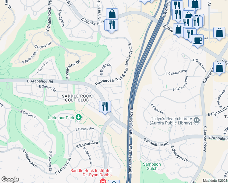 map of restaurants, bars, coffee shops, grocery stores, and more near 6745 South Winnipeg Circle in Aurora