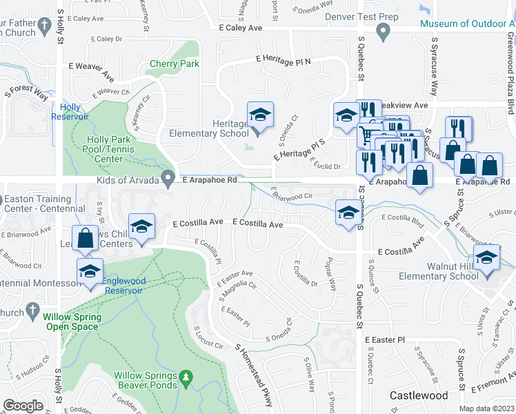 map of restaurants, bars, coffee shops, grocery stores, and more near 6791 East Briarwood Drive in Centennial