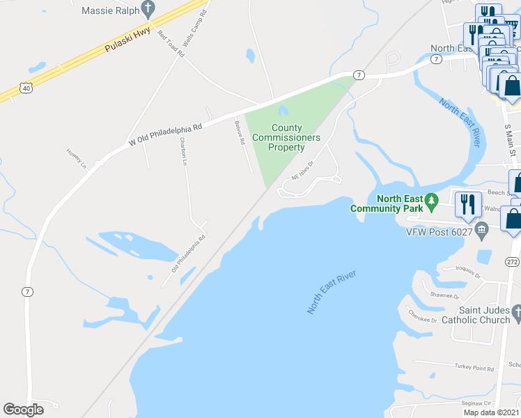 map of restaurants, bars, coffee shops, grocery stores, and more near 11 Northeast Isles Drive in North East