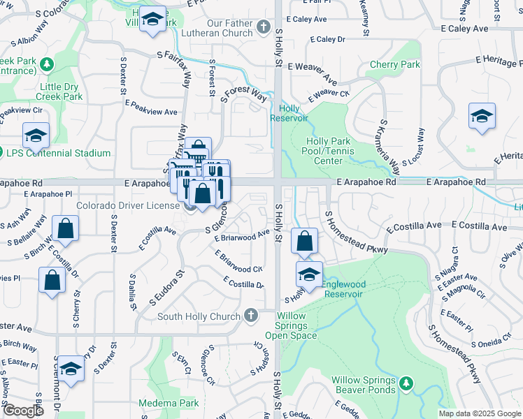 map of restaurants, bars, coffee shops, grocery stores, and more near 5555 East Briarwood Avenue in Centennial