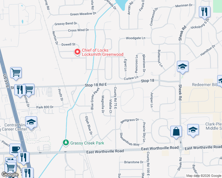 map of restaurants, bars, coffee shops, grocery stores, and more near 1627 Vidalia Court in Greenwood