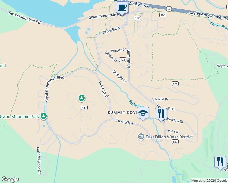 map of restaurants, bars, coffee shops, grocery stores, and more near 83 Soda Creek Court in Dillon