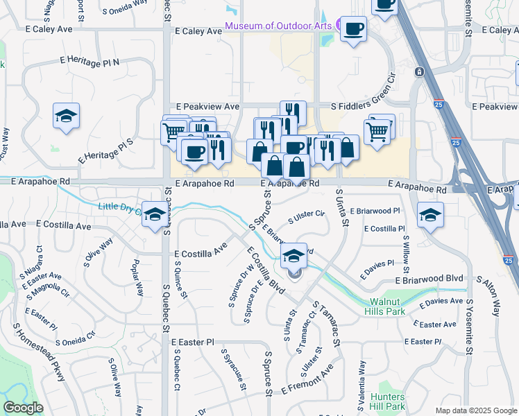 map of restaurants, bars, coffee shops, grocery stores, and more near 6767 South Spruce Street in Englewood