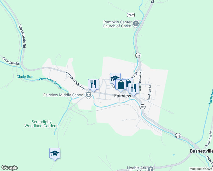 map of restaurants, bars, coffee shops, grocery stores, and more near 105 School Street in Fairview