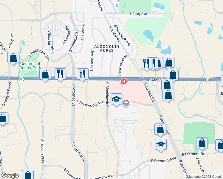 map of restaurants, bars, coffee shops, grocery stores, and more near 14000 South Blackhawk Street in Centennial