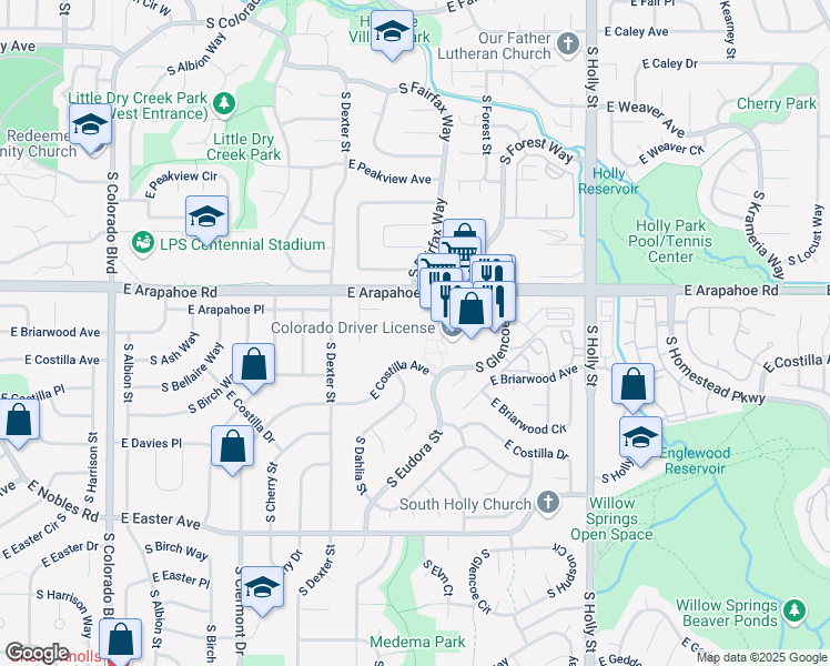 map of restaurants, bars, coffee shops, grocery stores, and more near 5000 E Arapahoe Rd in Centennial