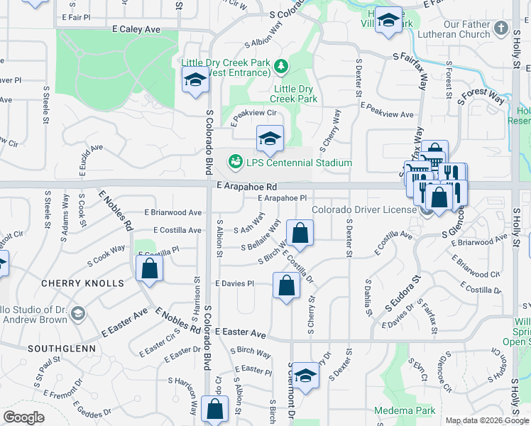 map of restaurants, bars, coffee shops, grocery stores, and more near 6713 South Ash Way in Centennial