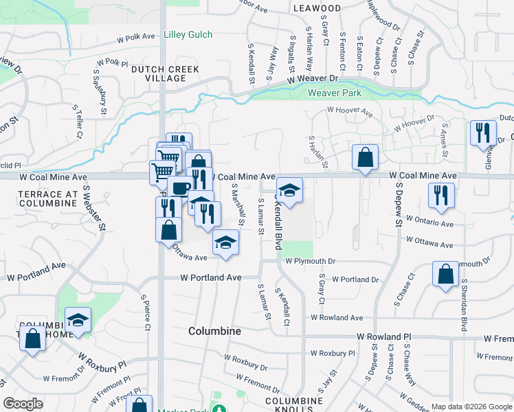 map of restaurants, bars, coffee shops, grocery stores, and more near 6724 South Marshall Street in Littleton