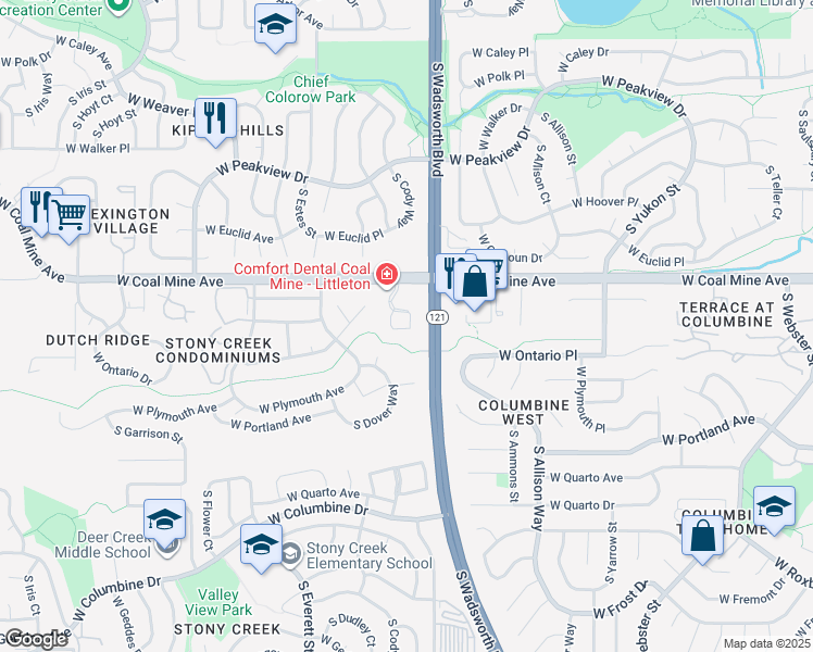 map of restaurants, bars, coffee shops, grocery stores, and more near 6837 South Dover Circle in Littleton