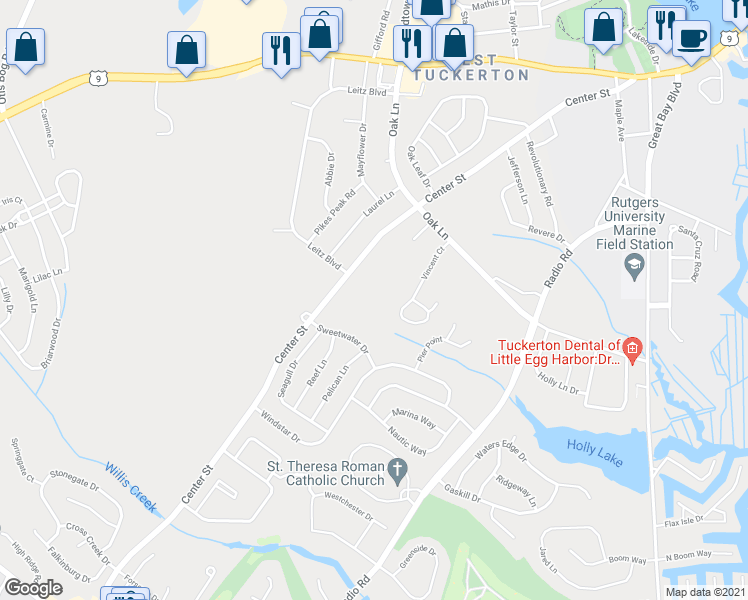 map of restaurants, bars, coffee shops, grocery stores, and more near 101 Wild Oaks Court in Little Egg Harbor Township