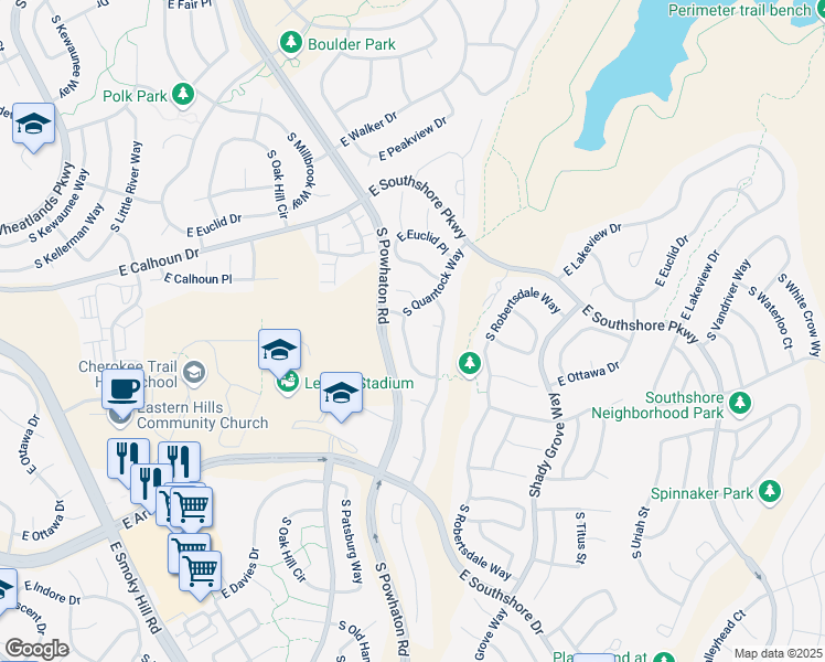 map of restaurants, bars, coffee shops, grocery stores, and more near 6766 South Quantock Way in Aurora