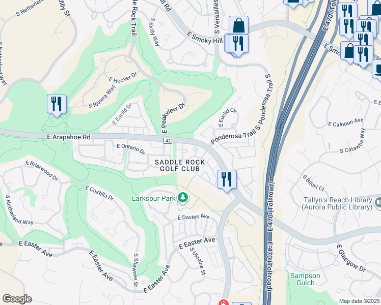 map of restaurants, bars, coffee shops, grocery stores, and more near 22505 East Ontario Drive in Aurora