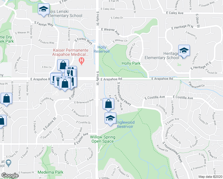 map of restaurants, bars, coffee shops, grocery stores, and more near 6755 South Ivy Street in Centennial