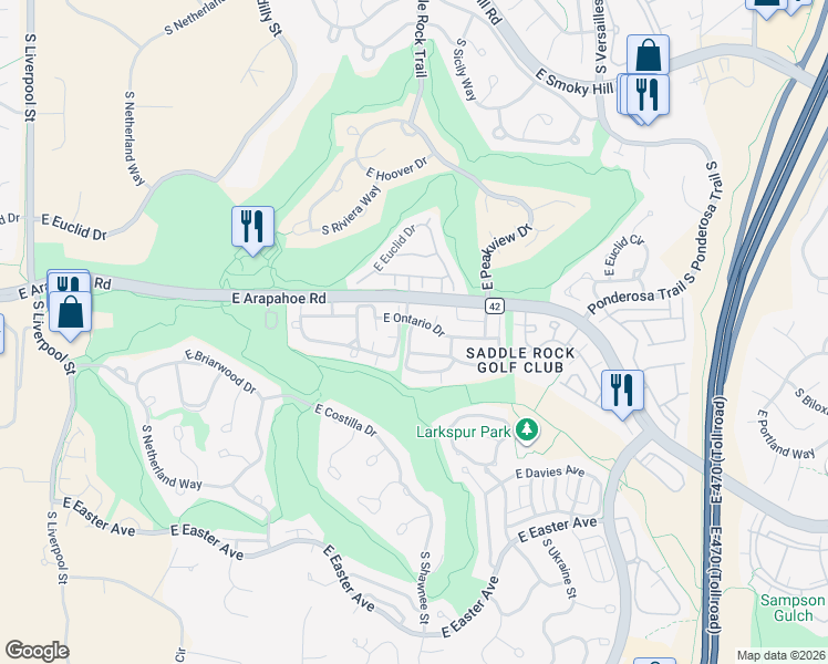 map of restaurants, bars, coffee shops, grocery stores, and more near 22151 East Ottawa Drive in Aurora