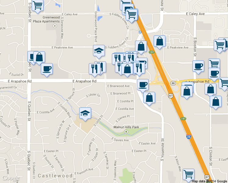 map of restaurants, bars, coffee shops, grocery stores, and more near 8261 East Briarwood Place in Centennial