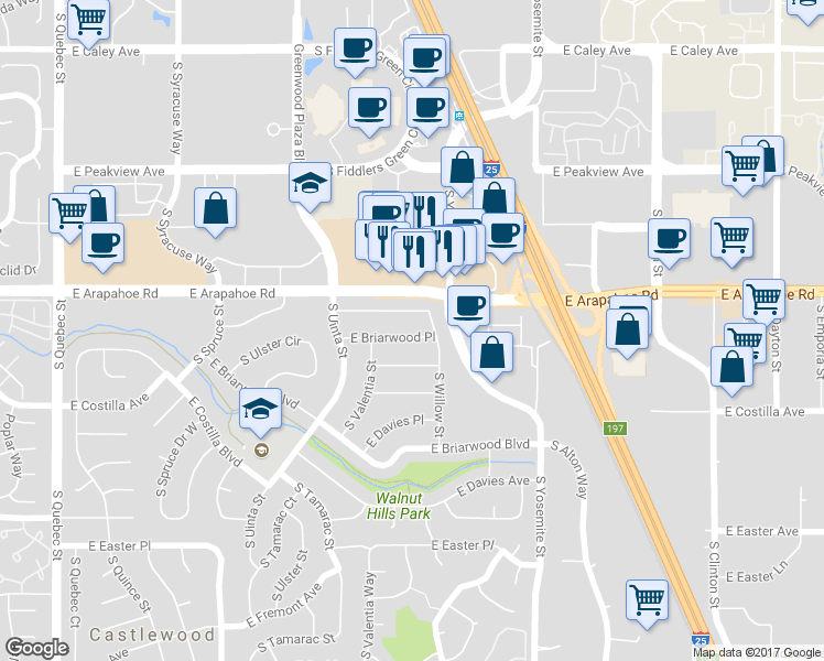 map of restaurants, bars, coffee shops, grocery stores, and more near 8503 East Briarwood Place in Centennial