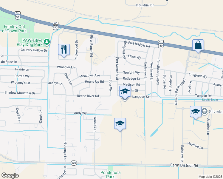 map of restaurants, bars, coffee shops, grocery stores, and more near 577 Spur Way in Fernley