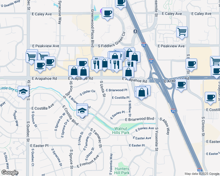 map of restaurants, bars, coffee shops, grocery stores, and more near 8261 East Briarwood Place in Centennial