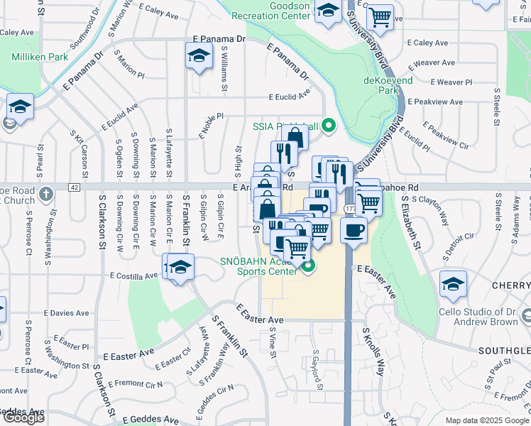map of restaurants, bars, coffee shops, grocery stores, and more near 6737 South Vine Street in Centennial
