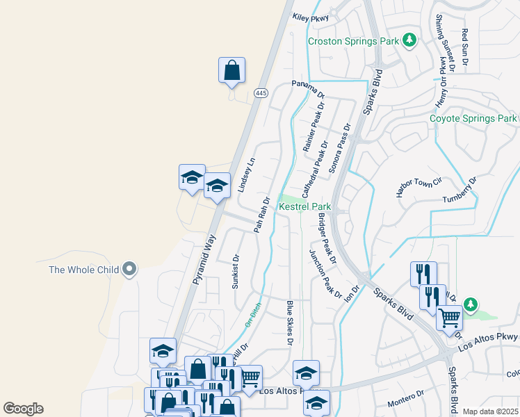 map of restaurants, bars, coffee shops, grocery stores, and more near 7100 Lindsey Lane in Sparks
