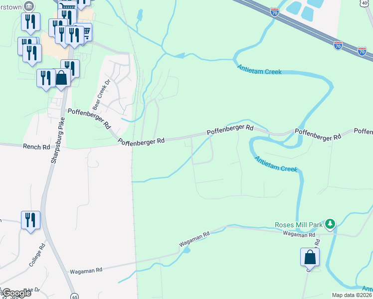 map of restaurants, bars, coffee shops, grocery stores, and more near 10134 Roulette Drive in Hagerstown