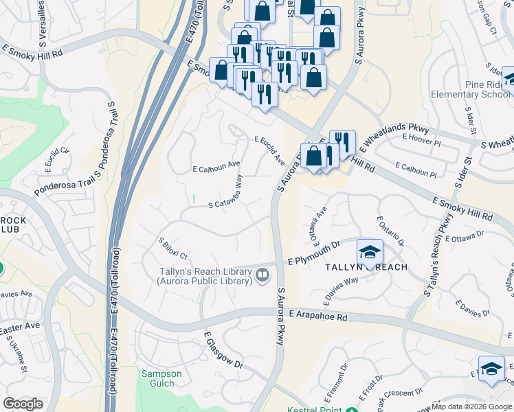 map of restaurants, bars, coffee shops, grocery stores, and more near 23930 East Ontario Place in Aurora