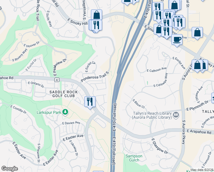 map of restaurants, bars, coffee shops, grocery stores, and more near 6723 South Winnipeg Circle in Aurora