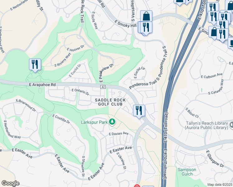 map of restaurants, bars, coffee shops, grocery stores, and more near 22505 East Ontario Drive in Aurora