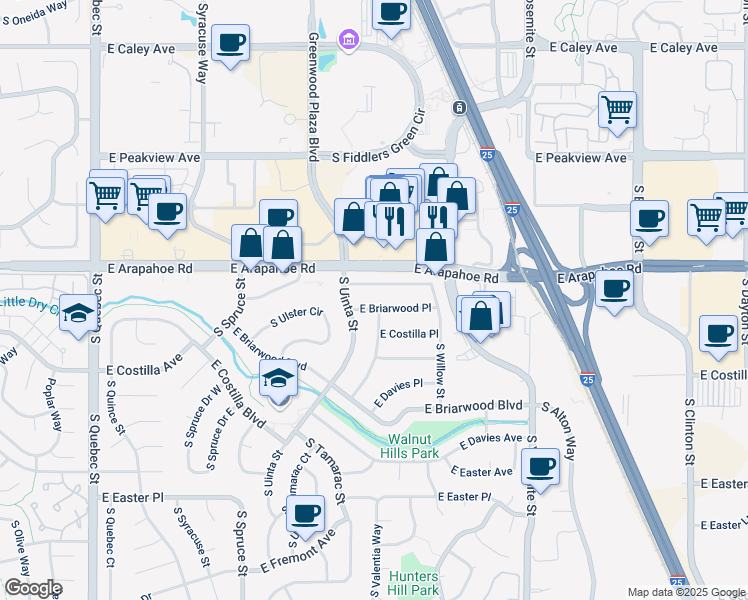 map of restaurants, bars, coffee shops, grocery stores, and more near 8261 East Briarwood Place in Centennial
