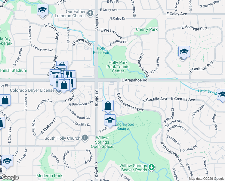 map of restaurants, bars, coffee shops, grocery stores, and more near 6745 South Ivy Street in Centennial