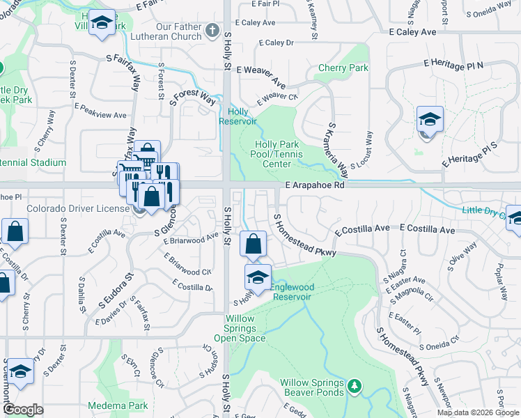 map of restaurants, bars, coffee shops, grocery stores, and more near 6745 South Ivy Street in Centennial