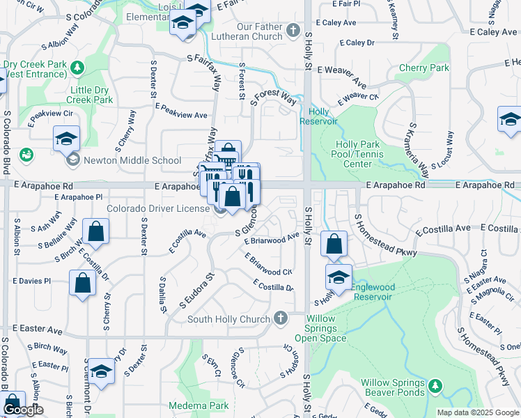 map of restaurants, bars, coffee shops, grocery stores, and more near 5250 East Arapahoe Road in Centennial