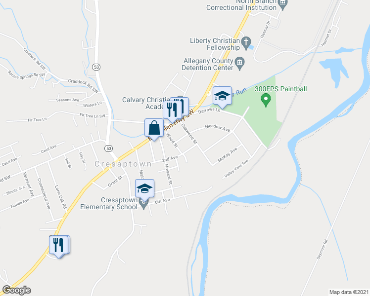 map of restaurants, bars, coffee shops, grocery stores, and more near 13007 2nd Avenue in Cresaptown
