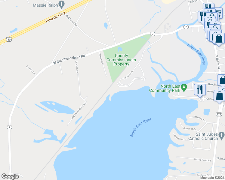 map of restaurants, bars, coffee shops, grocery stores, and more near 16 Northeast Isles Drive in North East