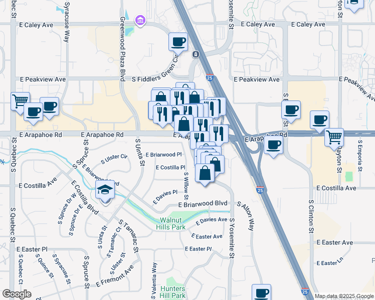 map of restaurants, bars, coffee shops, grocery stores, and more near 6734 South Willow Street in Centennial