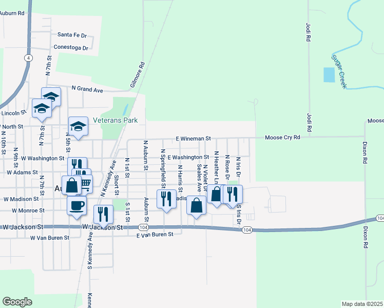 map of restaurants, bars, coffee shops, grocery stores, and more near 410 East Washington Street in Auburn