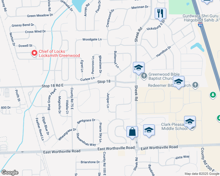 map of restaurants, bars, coffee shops, grocery stores, and more near 1664 Juniper Lane in Greenwood