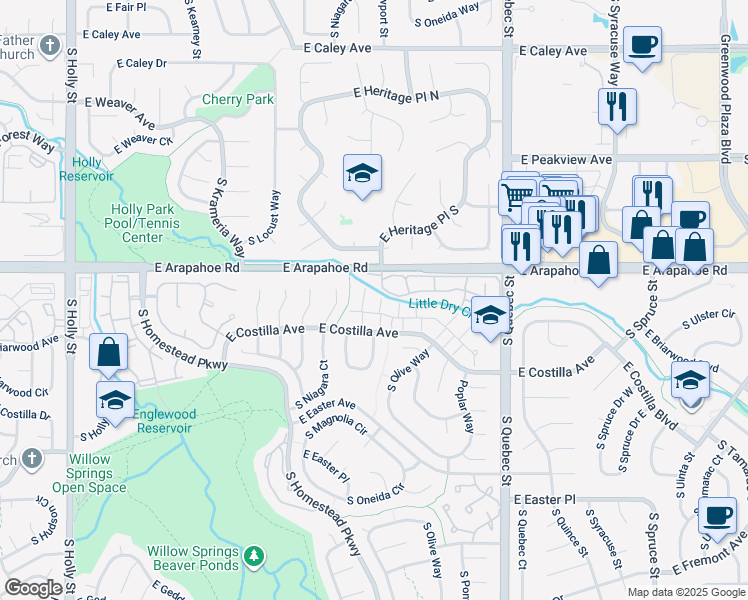 map of restaurants, bars, coffee shops, grocery stores, and more near 6835 East Briarwood Drive in Centennial