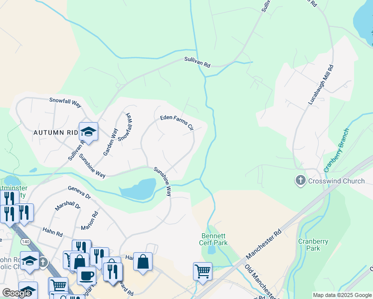 map of restaurants, bars, coffee shops, grocery stores, and more near 877 Eden Farms Circle in Westminster