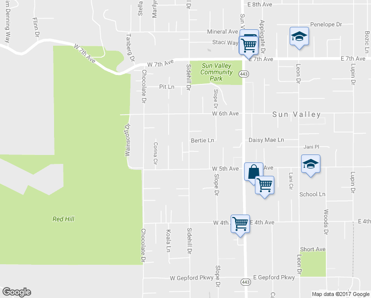 map of restaurants, bars, coffee shops, grocery stores, and more near 5531 Sidehill Drive in Sun Valley