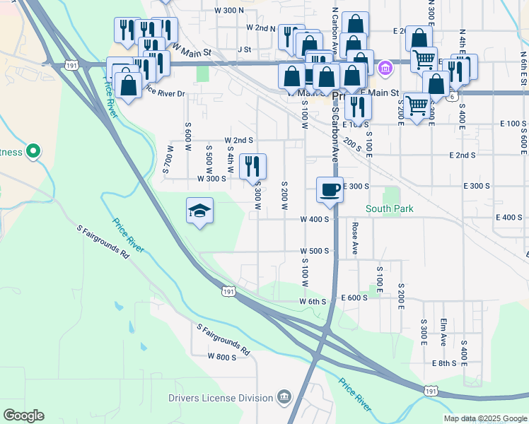 map of restaurants, bars, coffee shops, grocery stores, and more near 387 West 300 South in Price
