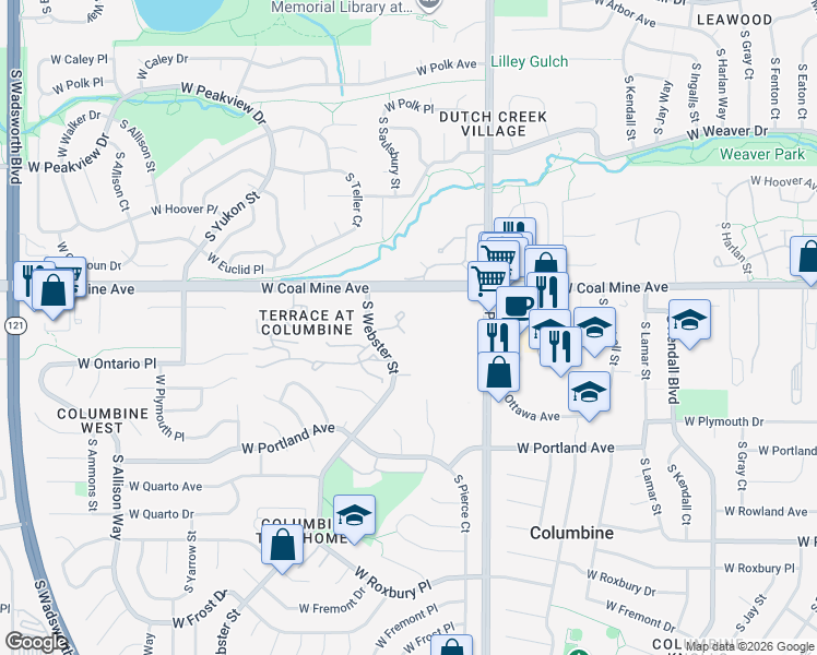 map of restaurants, bars, coffee shops, grocery stores, and more near 6764 South Webster Street in Littleton