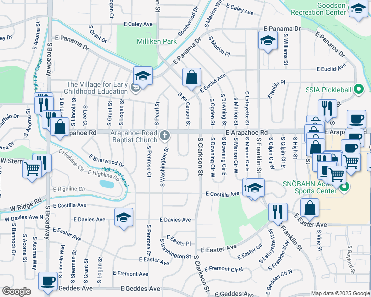 map of restaurants, bars, coffee shops, grocery stores, and more near 6742 South Kit Carson Circle East in Centennial
