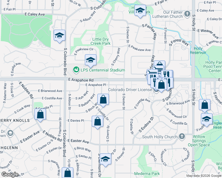 map of restaurants, bars, coffee shops, grocery stores, and more near 6719 South Clermont Street in Centennial
