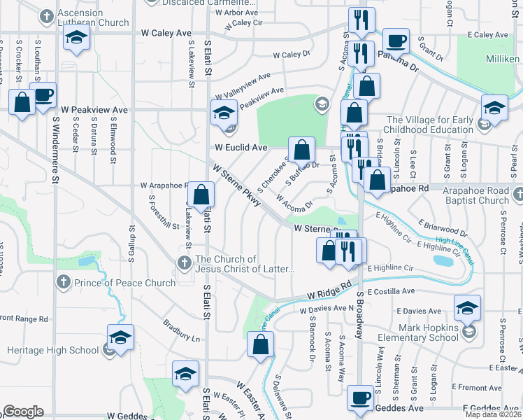 map of restaurants, bars, coffee shops, grocery stores, and more near 6823 South Buffalo Street in Littleton