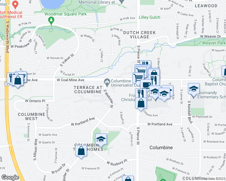 map of restaurants, bars, coffee shops, grocery stores, and more near 6758 South Webster Street in Littleton