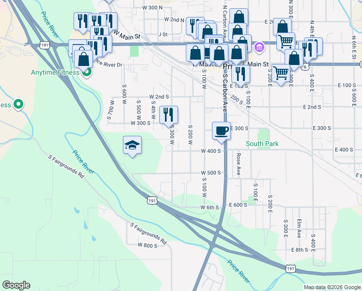 map of restaurants, bars, coffee shops, grocery stores, and more near 387 West 300 South in Price