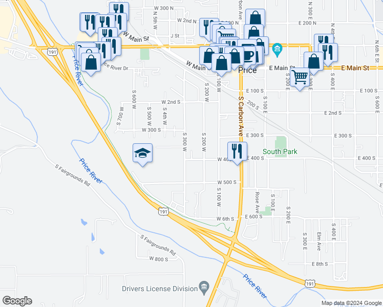 map of restaurants, bars, coffee shops, grocery stores, and more near 387 West 300 South in Price