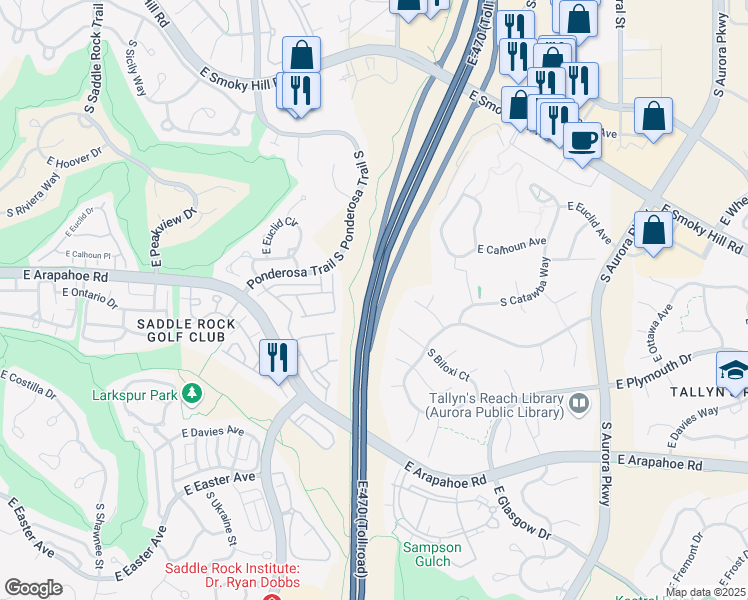 map of restaurants, bars, coffee shops, grocery stores, and more near E-470 Toll in Aurora